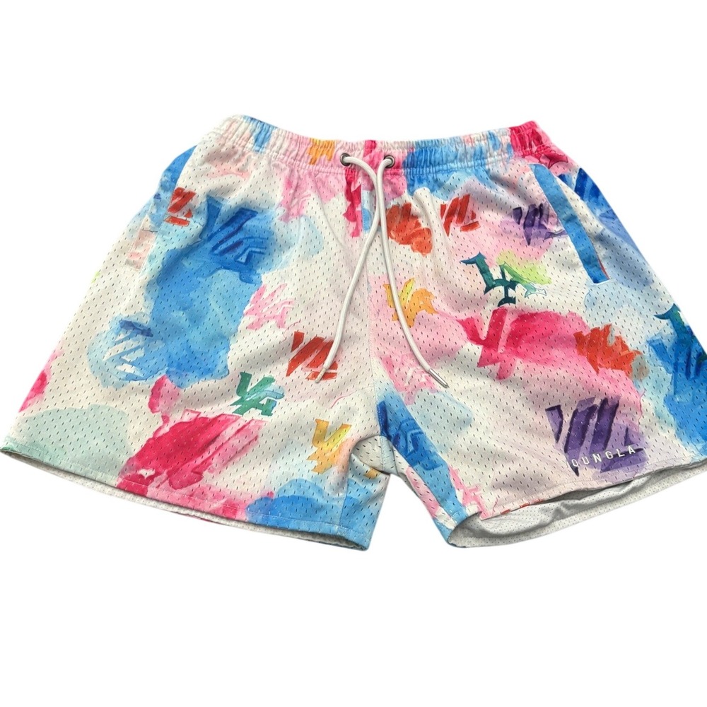 YoungLA LA Print Mesh Athletic Shorts Multicolor Splatter Print Men's Large Gym